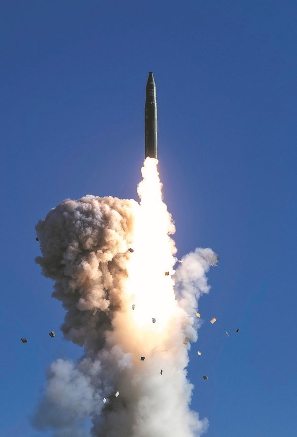 An image released by the Chinese military showing the launch in September 2024 of an intercontinental ballistic missile carrying a dummy warhead.