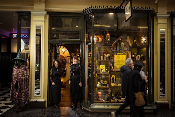 Danae Moon and Jasmine Sun in front of Spellbox, their store inside Melbourne’s Royal Arcade. 