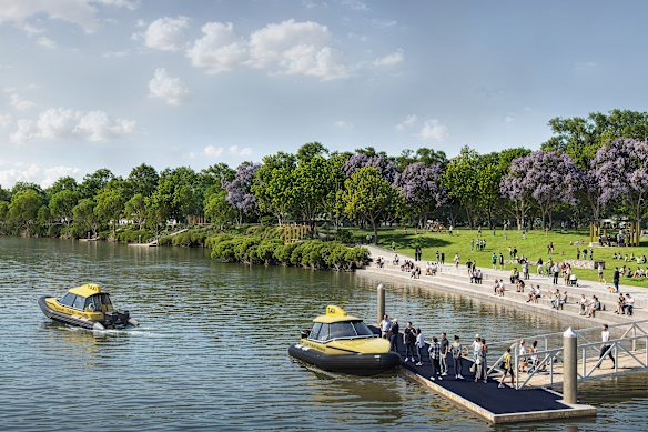 A digital render of water taxis operating on the Brisbane River, which could become a reality if pontoons are opened to private operators ahead of the 2032 Brisbane Olympic Games. 
