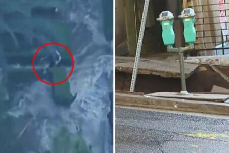 Terrifying moment woman swept away by powerful water torrent — as two men plunge into sinkhole in LA Terrifying moment woman swept away by powerful water torrent — as two men plunge into sinkhole in LA