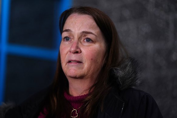 Colin and Claudette’s daughter Linda McKelvie addresses the media in Glen Waverley on Sunday. 