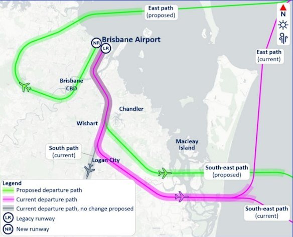 Current (pink) south, south-east and east departure paths and proposed (green) east and south-east departure paths, with 1km buffers either side. No change proposed for grey section of south path.