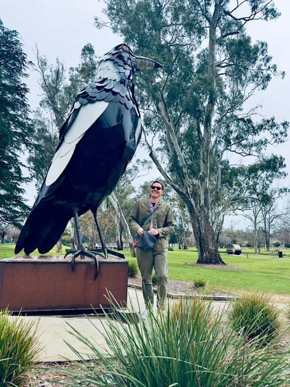 Kailum Graves visiting Swoop the Big Barrwarrang – the big magpie in Euroa, Victoria.