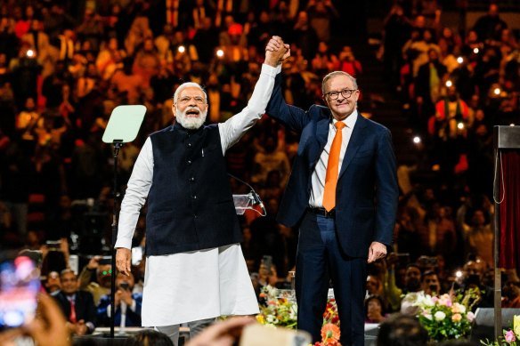 Narendra Modi on stage with Prime Minister Anthony Albanese at Homebush Bay in 2023.