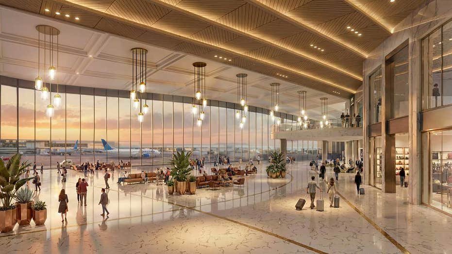A conceptual rendering shows a proposed interior space as part of plans to modernize Dulles airport.