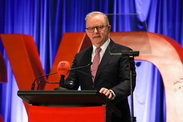 Prime Minister Anthony Albanese delivering a speech on AI at the University of Sydney.