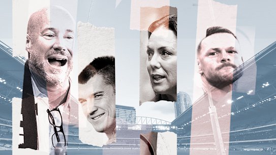 Luke Sayers (left), Dustin Martin (second left) and Steven May have all been the subject of AFL integrity investigations. Cate Sayers has been critical of the league. 