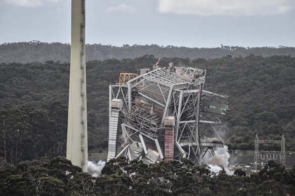 The demolition by explosives of the Alcoa’s Anglesea power station in 2018. 
