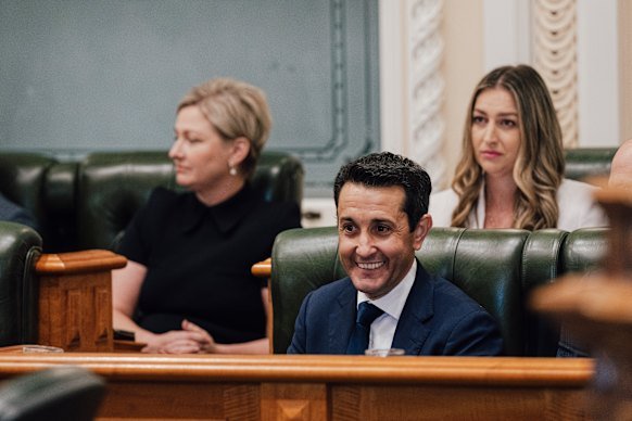 Premier David Crisafulli and Youth Justice Minister Laura Gerber (back right) will expand the LNP’s Adult Crime, Adult Time laws to include mandatory sentencing for children on bail. 