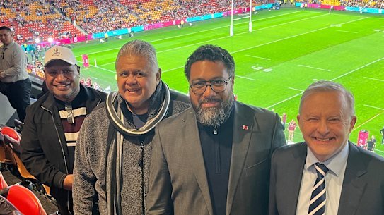 Prime Ministers: The leaders of (from left) Papua New Guinea, James Marape; Samoa, Laaʻauli Leuatea Schmidt; and Tonga, Lord Fakafanua, with Anthony Albanese at Suncorp Stadium. July 8, 2026.