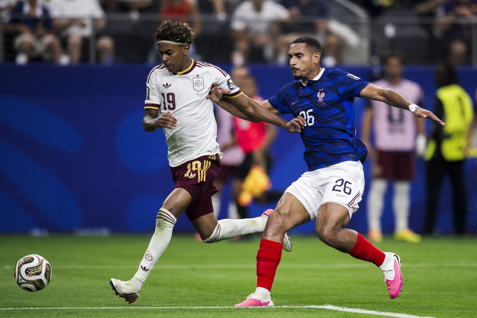 Lamine Yamal competes for the ball with France's Maxence Lacroix during the 2026 World Cup semifinal. (Photo by Nicolò Campo/LightRocket via Getty Images)
