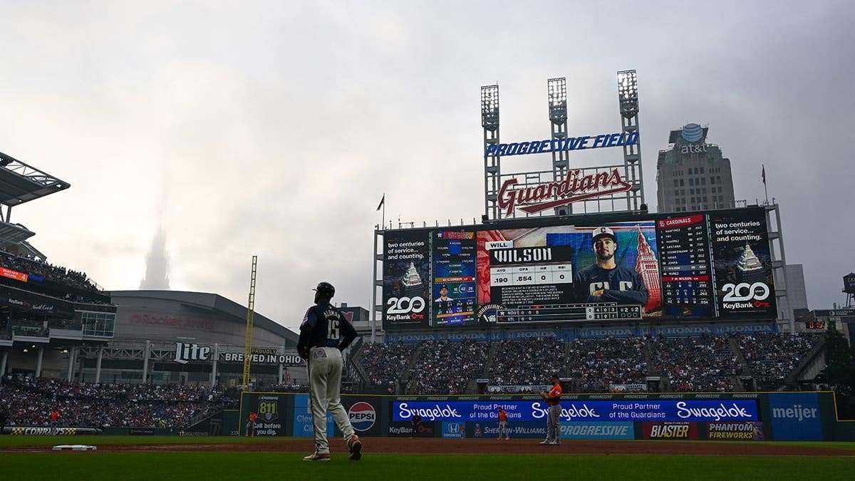Stadium view with smoke covering the sky over Progressive Field.