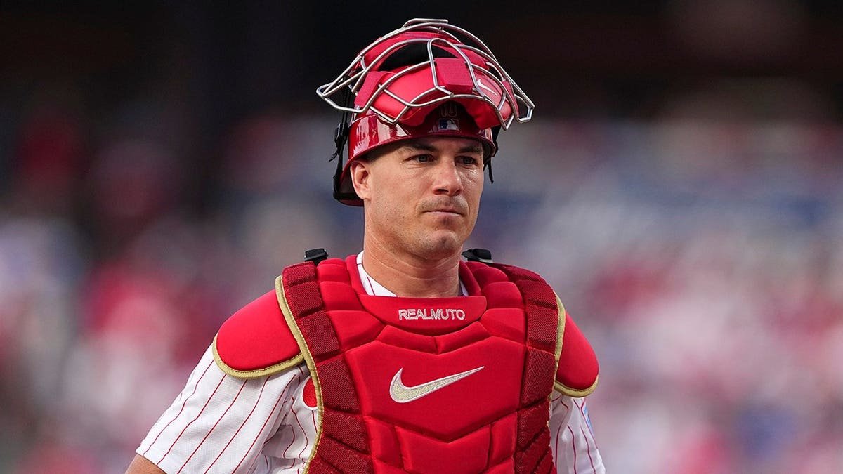 J.T. Realmuto looks on during a Phillies game at Citizens Bank Park.