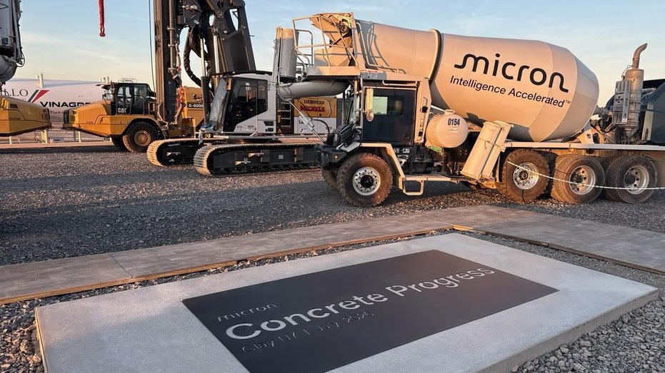 A commemorative plaque marks the milestone concrete pour at Micron’s New York site.