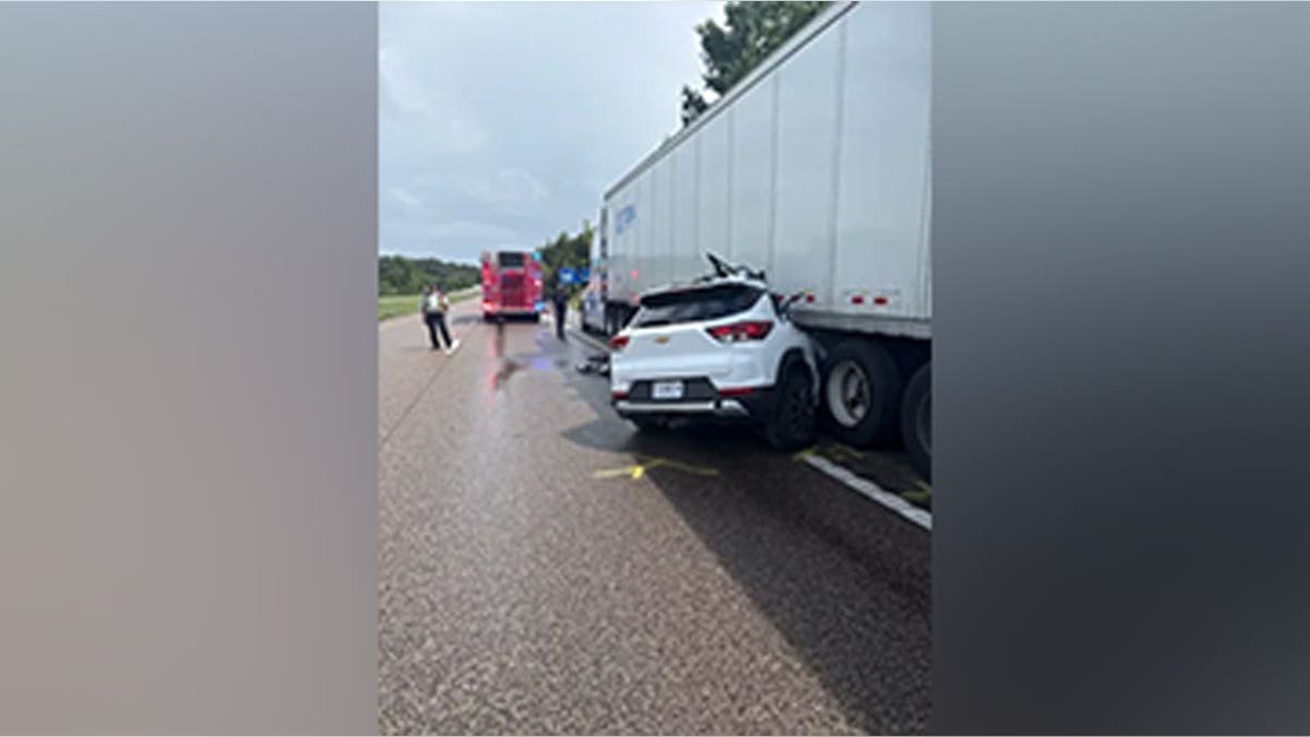 The aftermath of a crash involving a tractor-trailer outside Festus, Missouri