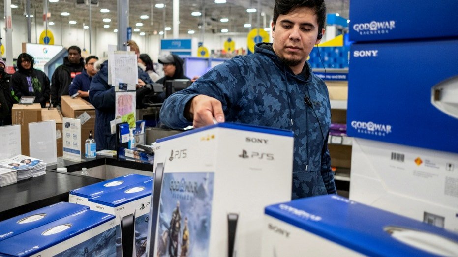 A PlayStation 5 inside a box.