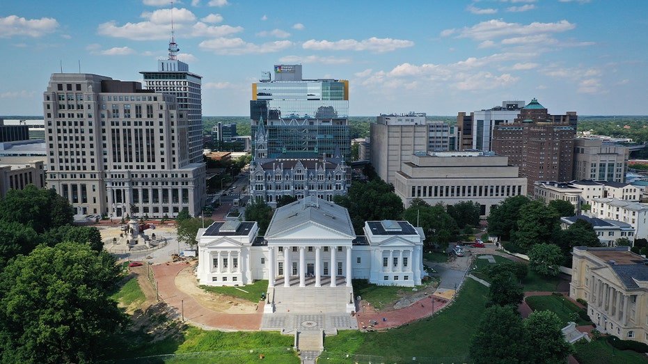 An aerial view, the Virginia State Capitol is shown on July 12, 2023 in Richmond, Virginia.