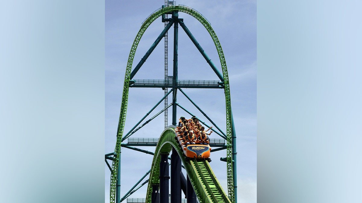 Riders go over a second hill on the Kingda Ka roller coaster at Six Flags in Jackson, New Jersey