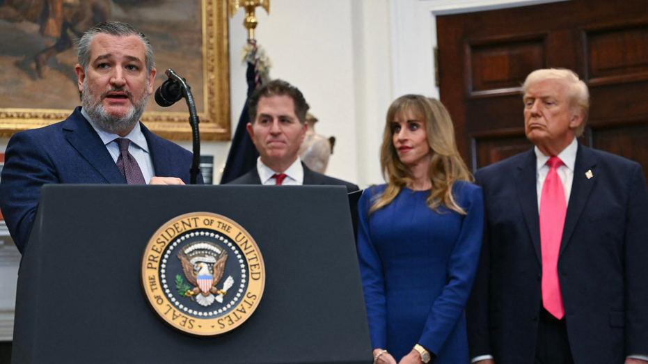 US Senator Ted Cruz, Republican of Texas, speaks during an announcement with US President Donald Trump after a $6.25 billion donation from Michael Dell to "Trump Accounts."