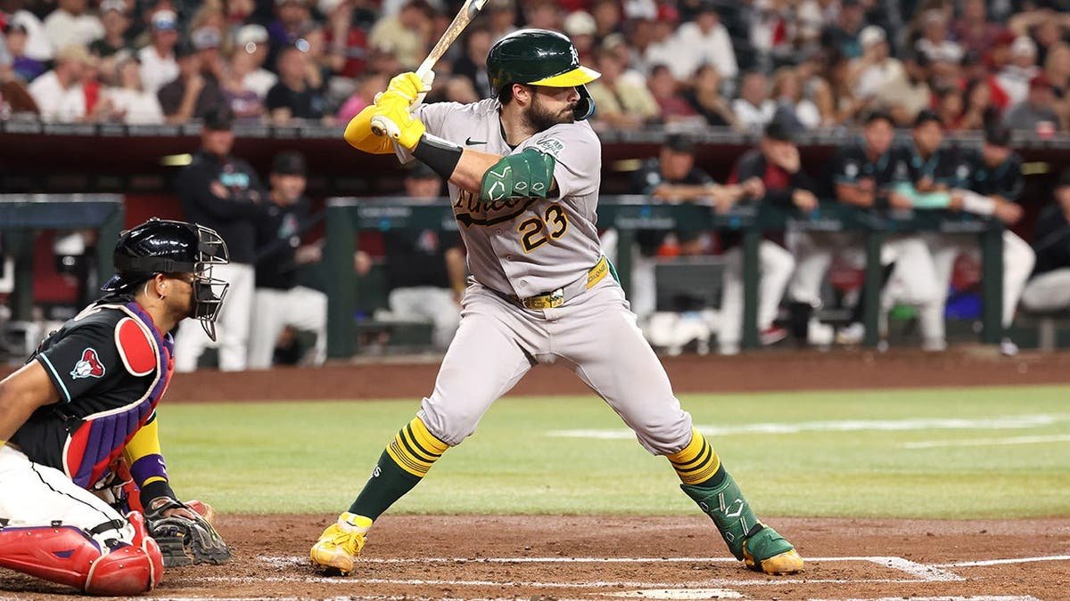Shea Langeliers of the Athletics bats during the third inning against the Diamondbacks.