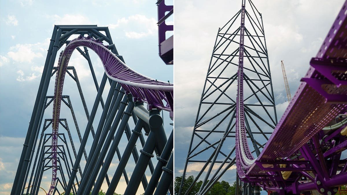 Split image showing two views of Project Purple roller coaster construction at Six Flags Great Adventure.