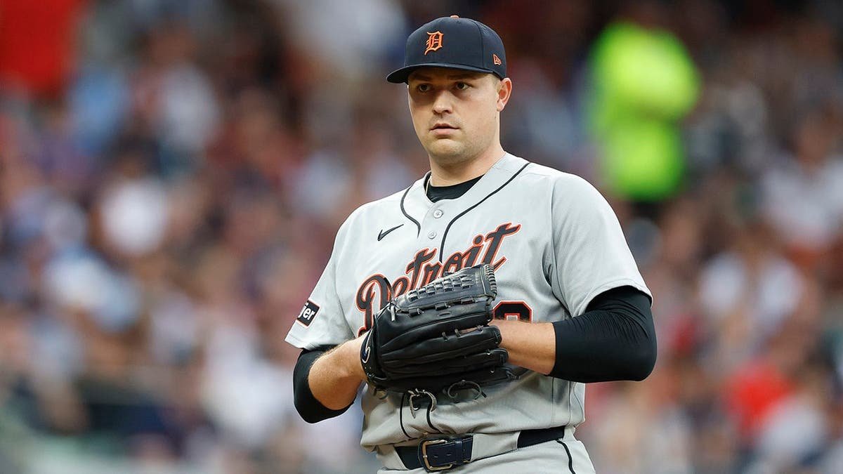 Tarik Skubal of the Detroit Tigers looking on between pitches at Truist Park in Atlanta