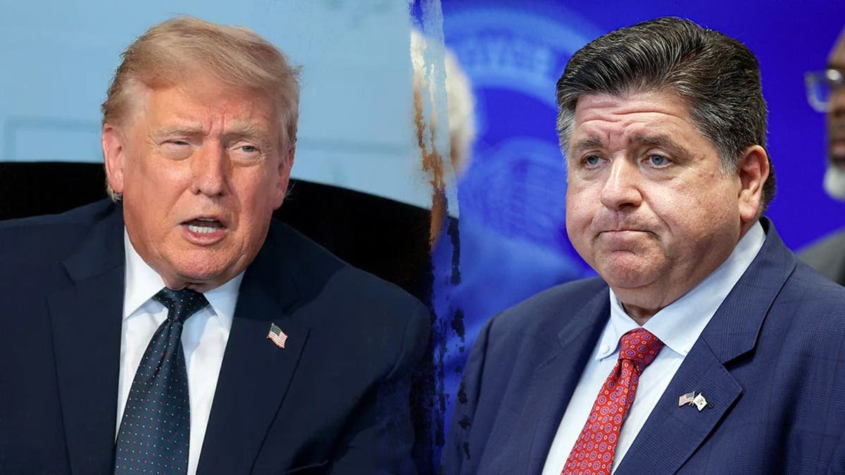 split image shows President Trump on left and Illinois Governor Pritzker on right