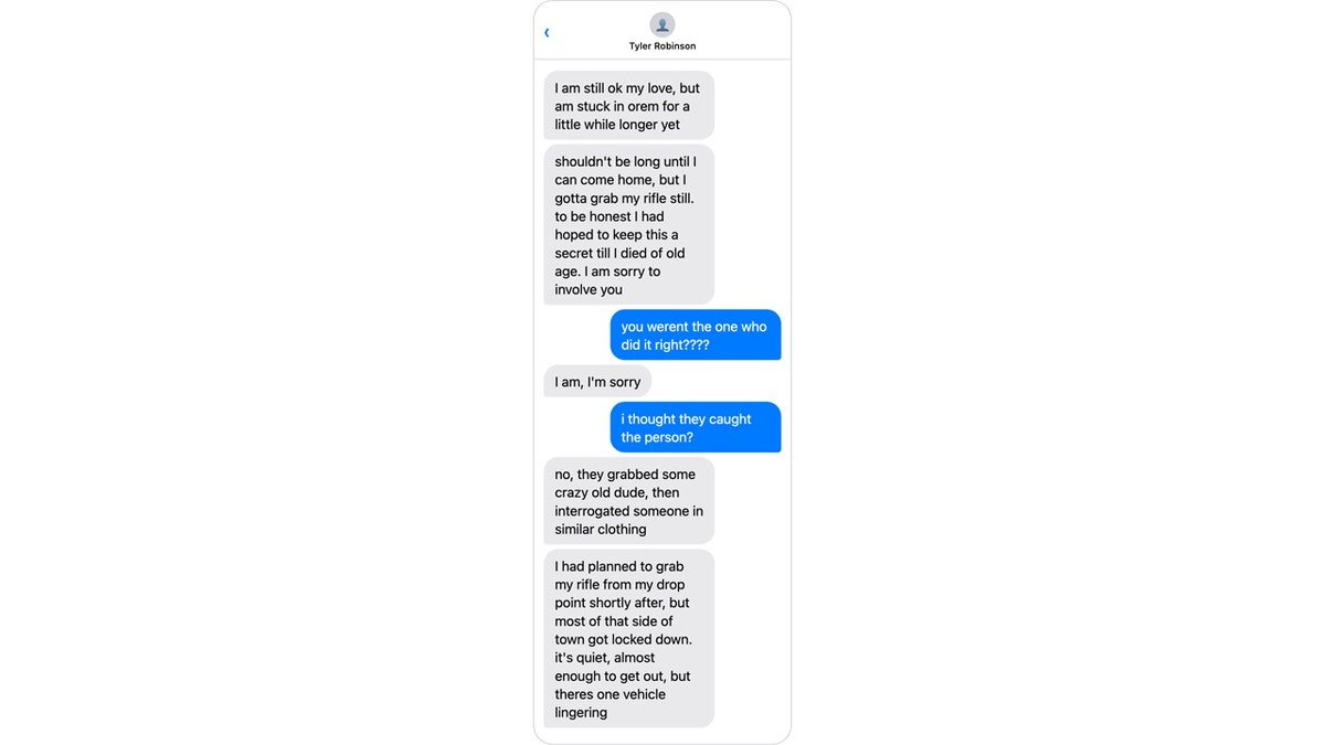 Screenshot of text messages shown during Tyler Robinson's preliminary hearing in Utah discussing a motive for the Sept. 10, 2025, shooting of Charlie Kirk
