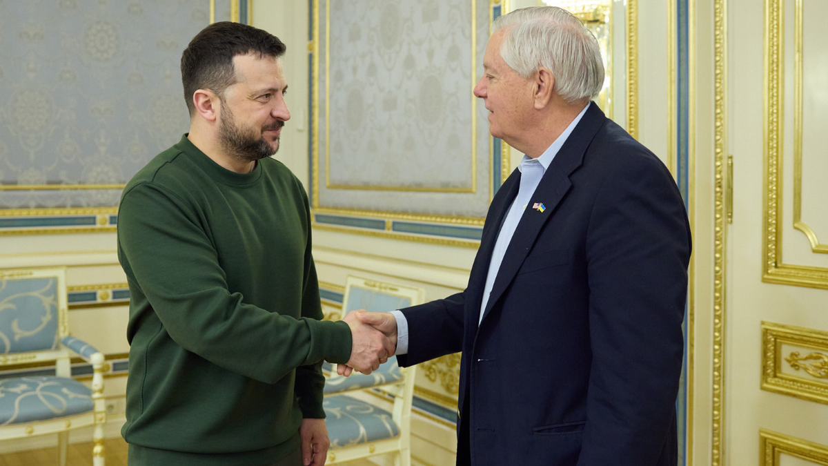 Ukrainian President Volodymyr Zelenskyy meets with U.S. Senator Lindsey Graham in Kyiv, Ukraine on March 18, 2024.