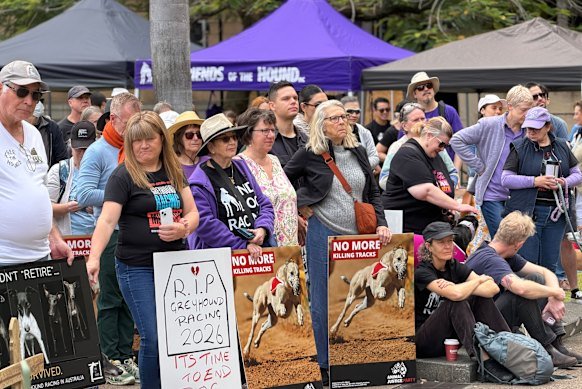 Supporters of a greyhound racing ban at Queens Park on Saturday,