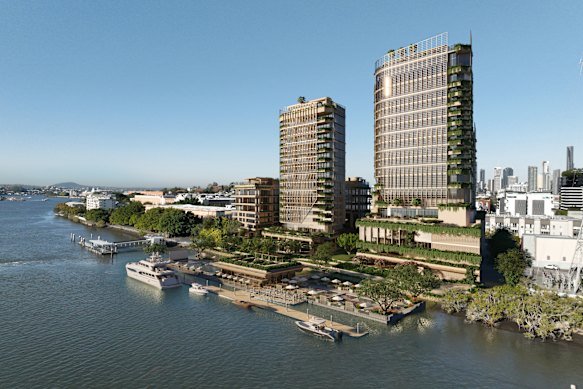 An earlier plan for Teneriffe Banks had included a skybridge linking two towers, but the feature was scrapped during a redesign.