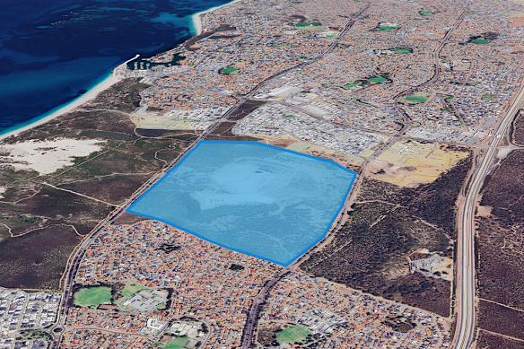 Tamala Park (blue) is bordered by the suburbs of Clarkson (north), Kinross (south) and Mindarie (north-west). Burns Beach sits a short distance to the south-west.
