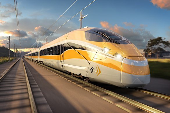 An artist’s impression of a high-speed train running between Sydney and Newcastle.