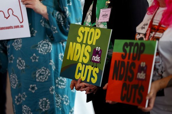 Campaigners came to Parliament to protest NDIS cuts during budget week.