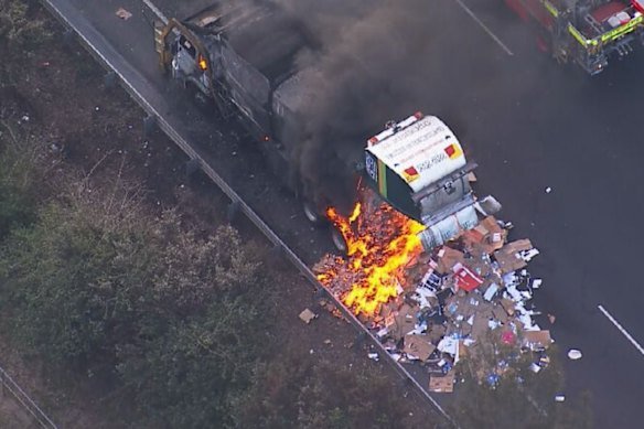 A garbage truck fire on the M5 Motorway at Milperra.