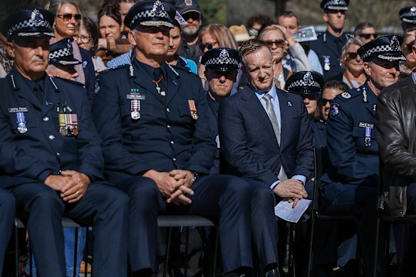 Victoria Police chief Mike Bush and  Police Minister Paul Edbrooke at a service in Bright. 