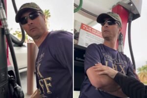 Moment unhinged man goes ballistic at California gas station after cutting the line — until his mommy comes to the rescue Moment unhinged man goes ballistic at California gas station after cutting the line — until his mommy comes to the rescue