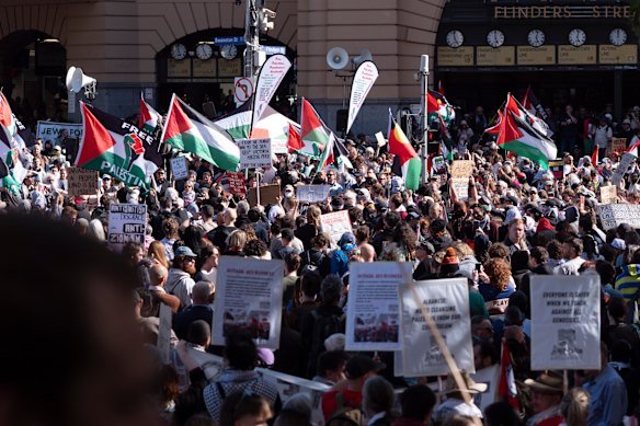 Protesters march through Melbourne supporting Palestine. 