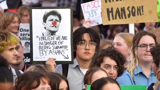Protest against Pauline Hanson and One Nation in Perth on August 13, 2026. 
