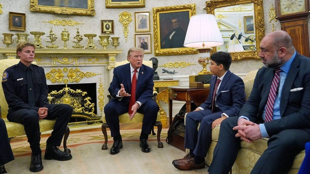 Trump meets teen lifeguard and boy saved in viral ocean rescue at Oval Office Trump meets teen lifeguard and boy saved in viral ocean rescue at Oval Office