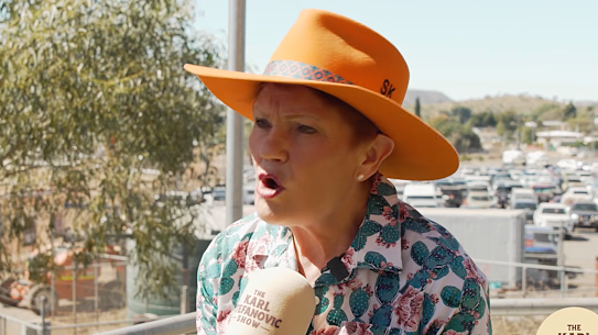 Pauline Hanson wearing what appears to be a custom-made hat by Gina Rinehart’s Kidman Clothiing company. 