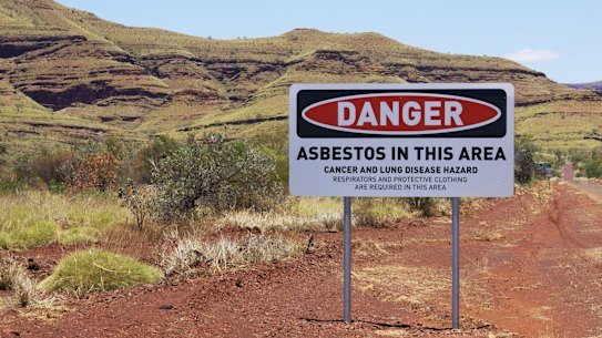 A sign warning of asbestos outside Wittenoom in outback Western Australia.