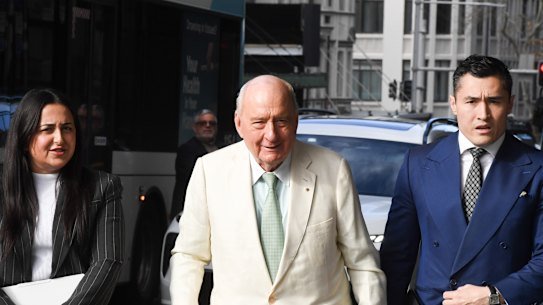 Alan Jones arrives at Downing Centre Local Court on Friday.