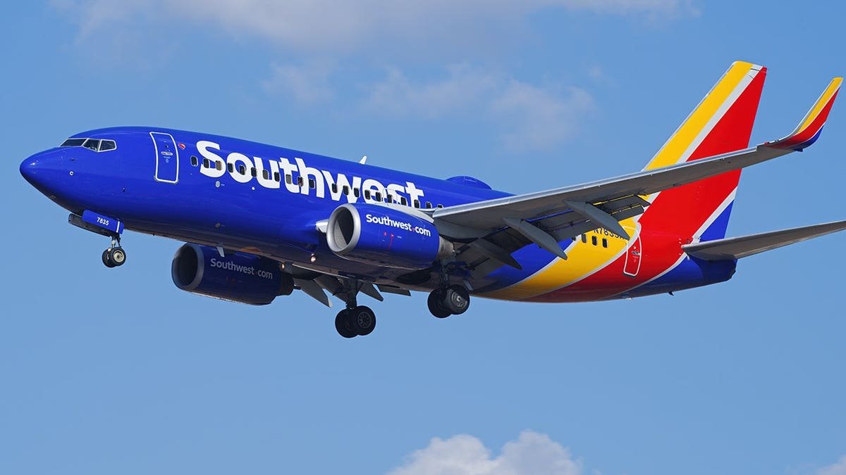Southwest Airlines Boeing 737 airplane approaching Los Angeles International Airport for landing