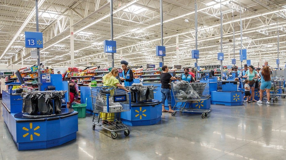 A view of the checkout counters inside Walmart