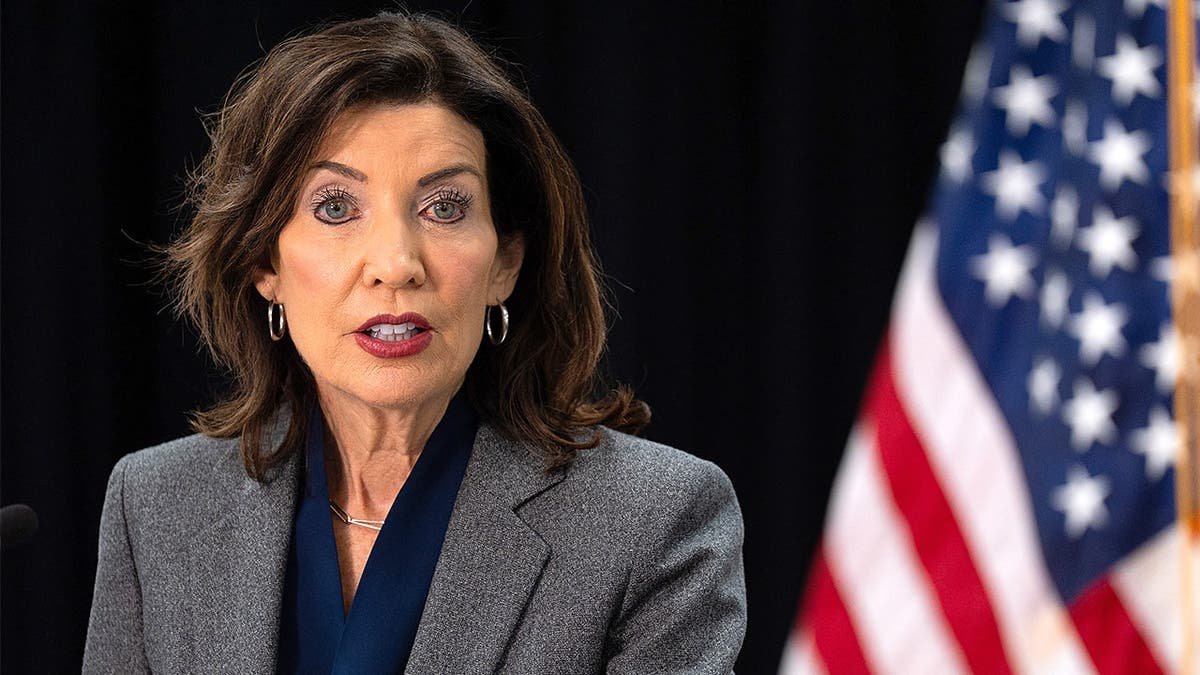 Gov. Kathy Hochul speaks at New York news conference on child care program.