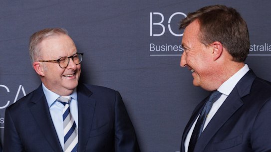Prime Minister Anthony Albanese with Business Council of Australia president Geoff Culbert (left) and chief executive Bran Black.