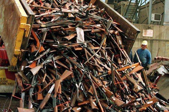 A truck unloads prohibited firearms at a scrap metal yard in 1997 after the Port Arthur massacre a year earlier.