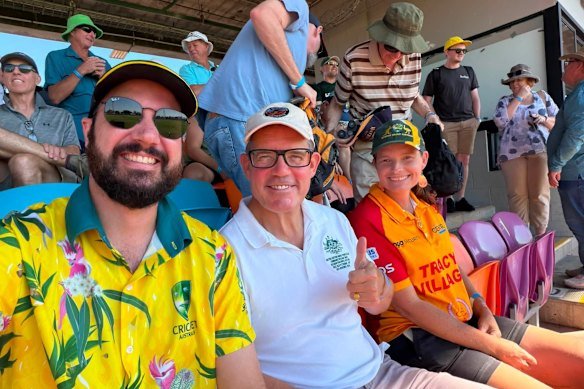 Federal MP Luke Gosling, centre, at the TIO Stadium in Darwin on August 14.