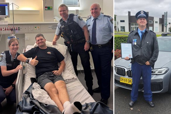 Patterson with colleagues in hospital after surgery, and (right) after being recognised for his work combating illicit tobacco in the Riverina.